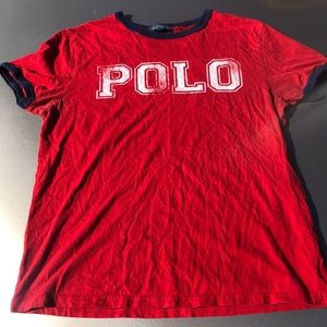 red and navy blue polo shirt